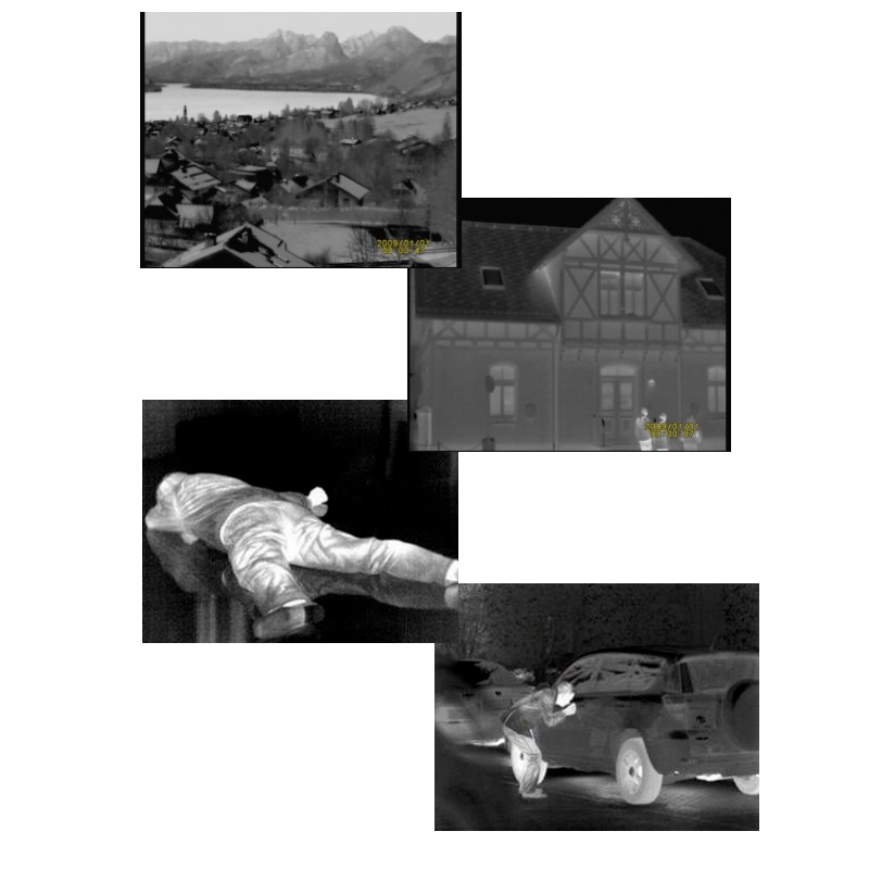 Ejemplos de imágenes térmicas capturadas con la cámara SATIR UMTI, mostrando detección de personas, vehículos y edificios en condiciones de baja visibilidad.<br />

