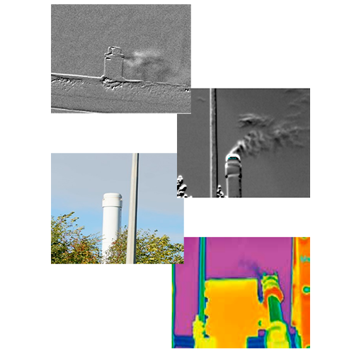 Comparación de imágenes infrarrojas y visibles capturadas por la cámara de detección de gas SATIR Serie V, mostrando fugas de gases no visibles a simple vista.<br />
