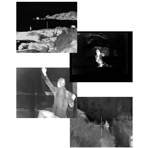Imágenes térmicas capturadas con la cámara SATIR UTR 50/75 mostrando detección de personas en entornos naturales y urbanos en total oscuridad.<br />
