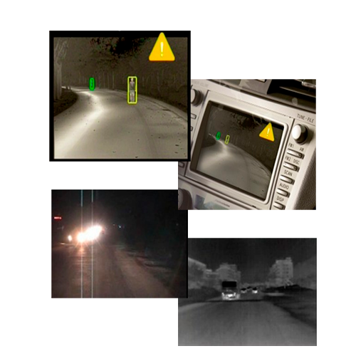 Resultados de detección térmica de la cámara SATIR NV628 en carretera, con identificación de peatones y vehículos en condiciones de baja visibilidad.<br />
