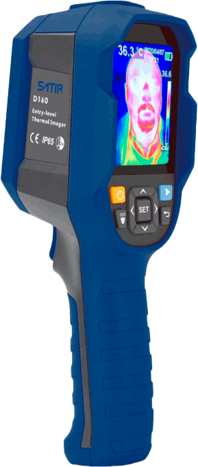 Cámara termográfica SATIR D160-F de mano, diseñada para detección de fiebre en personas con visualización térmica en tiempo real.<br />
