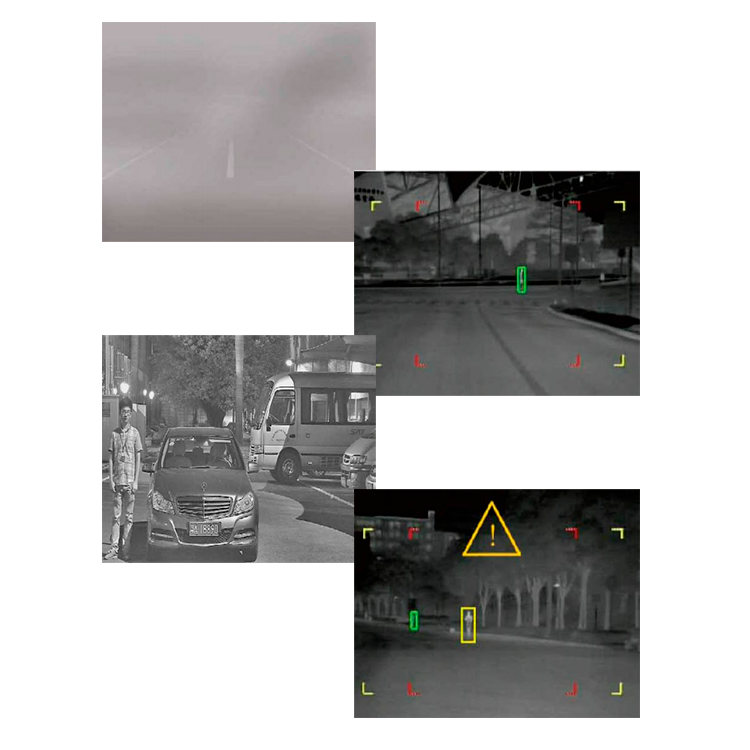 Resultados de detección térmica de la cámara SATIR NV628 en carretera, con identificación de peatones y vehículos en condiciones de baja visibilidad.<br />
