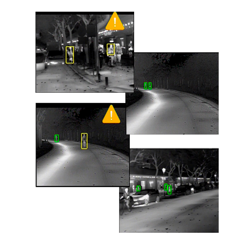 Resultados de detección térmica de la cámara SATIR NV628 en carretera, con identificación de peatones y vehículos en condiciones de baja visibilidad.<br />
